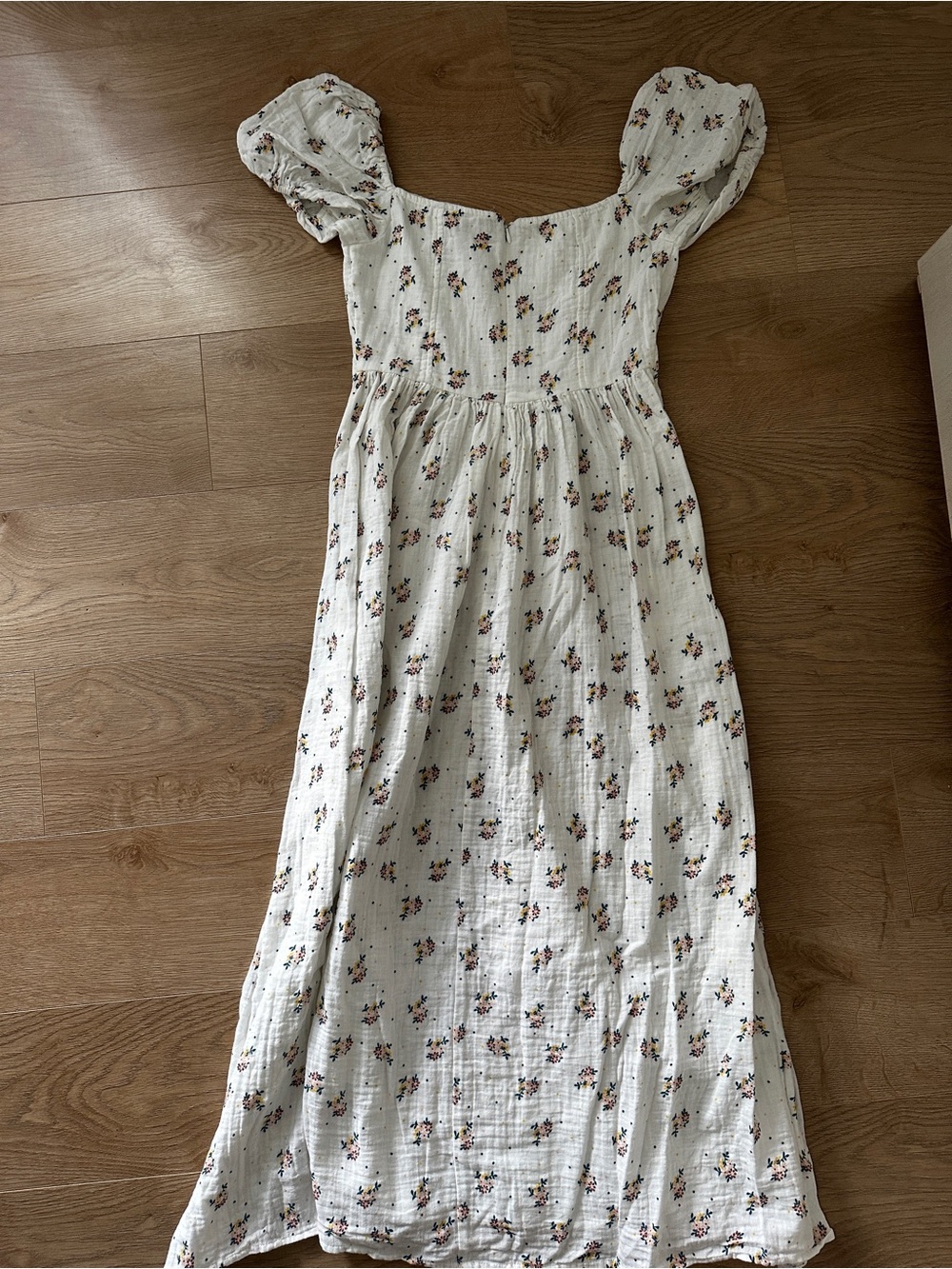 Romanic Garden Girl White Floral Bodice Puff-Sleeve Cotton Maxi Dress sz L - Picture 5 of 14